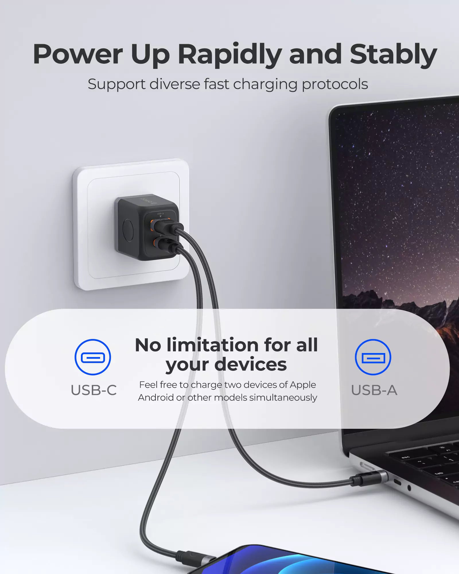 Pengisi Daya USB C ORICO PD 30W dengan Kabel Tipe-C ke Tipe-C untuk Android