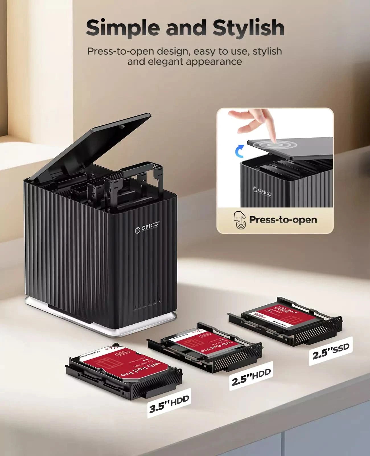 ORICO 5-bay DAS storage enclosure with press-to-open top lid design supporting 3.5 inch HDD, 2.5 inch HDD and 2.5 inch SSD drives
