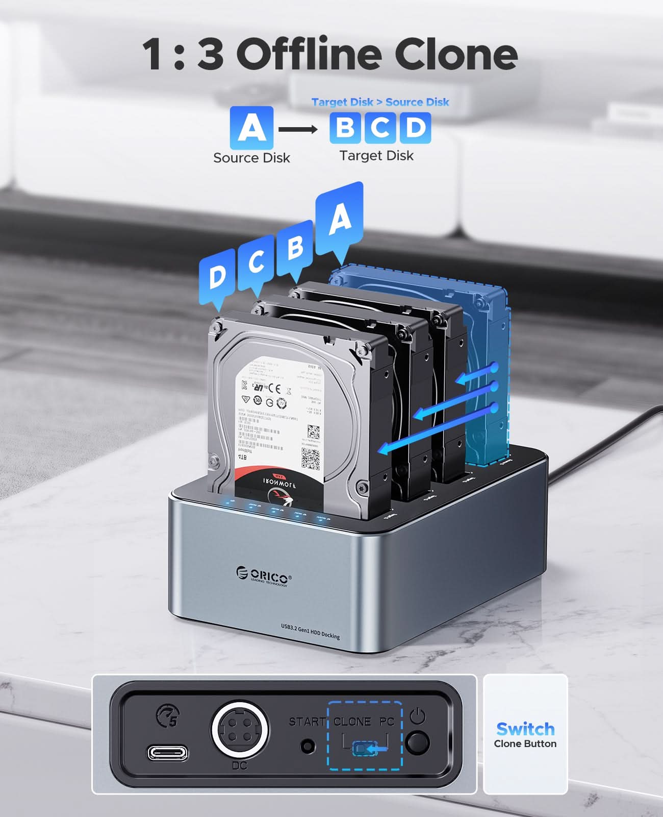 ORICO 4-Bay Aluminum Typp-C SATA HDD/SSD Duplicator, Offline Clone Hard Drive Docking Station - Orico