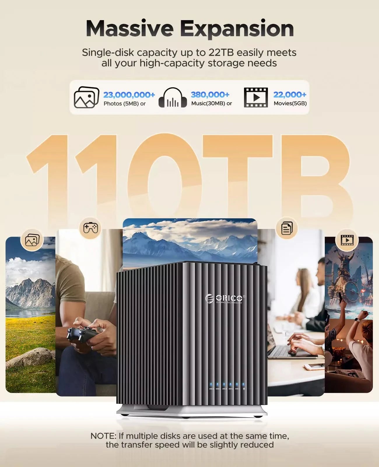 ORICO multi-bay external hard drive enclosure supporting up to 110TB storage capacity for photos, videos, music and gaming data