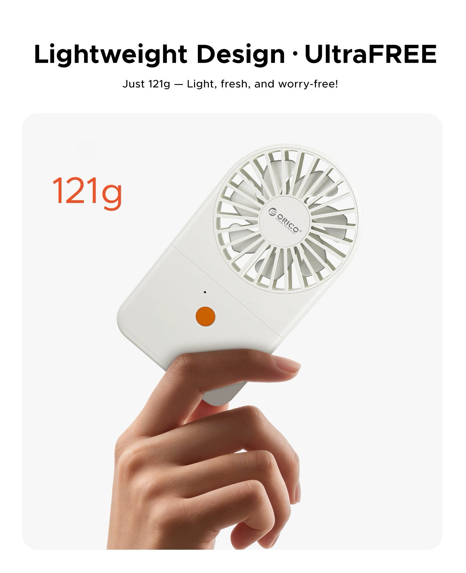 Ultra lightweight 121g ORICO ReFan mini portable fan held on finger, compact pocket-sized wearable cooling fan