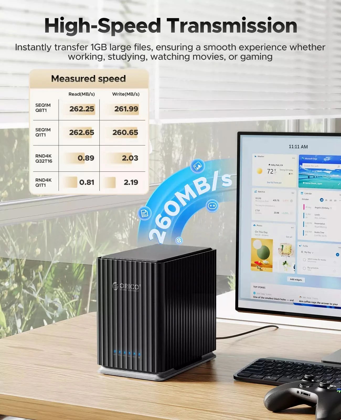 ORICO external hard drive enclosure with high-speed data transfer up to 260MB/s for fast file backup and media transfer