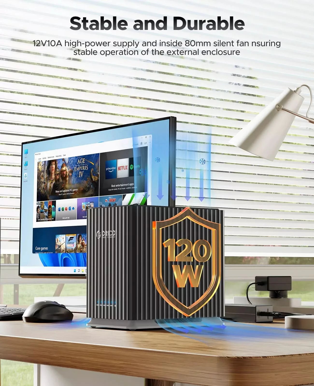 ORICO 5-bay HDD enclosure with 120W power supply and built-in silent cooling fan for stable long-term storage performance