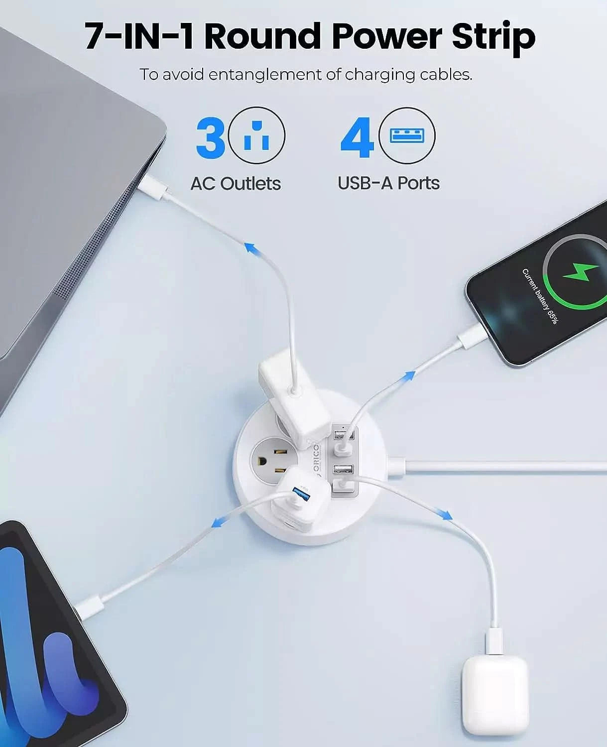 ORICO 7 in 1 Flat Plug Travel Power Strip with USB Ports - Orico
