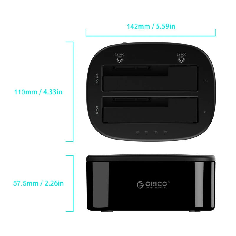 ORICO 2.5/3.5'' Dual Bay HDD Docking Station with Offline Clone SATA to USB 3.0