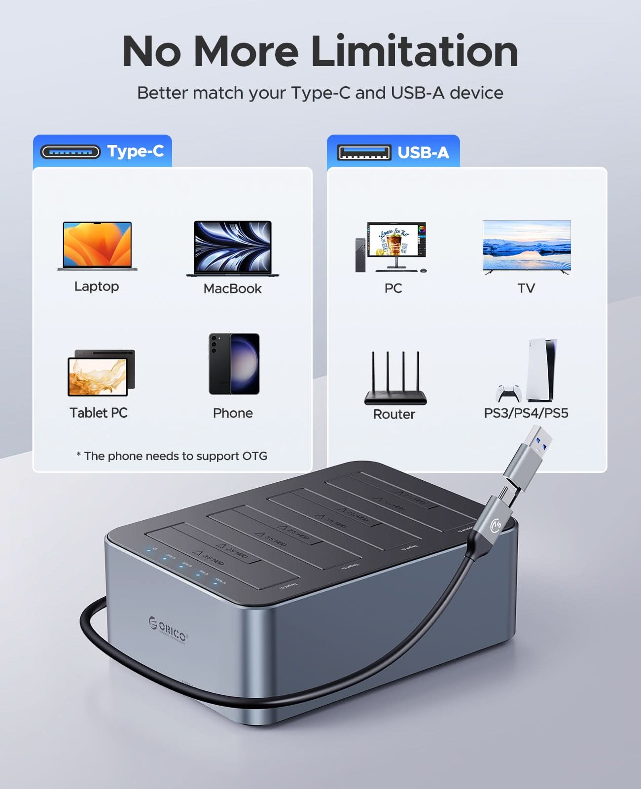 ORICO 4-Bay Aluminum Typp-C SATA HDD/SSD Duplicator, Offline Clone Hard Drive Docking Station - Orico