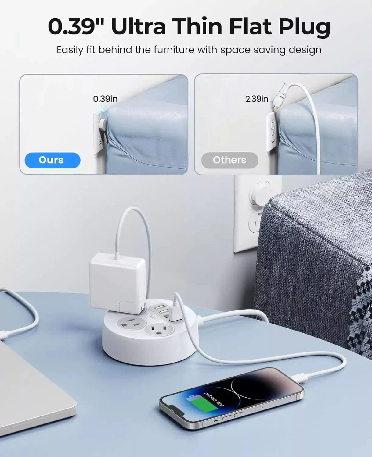 ORICO 7 in 1 Flat Plug Travel Power Strip with USB Ports - Orico