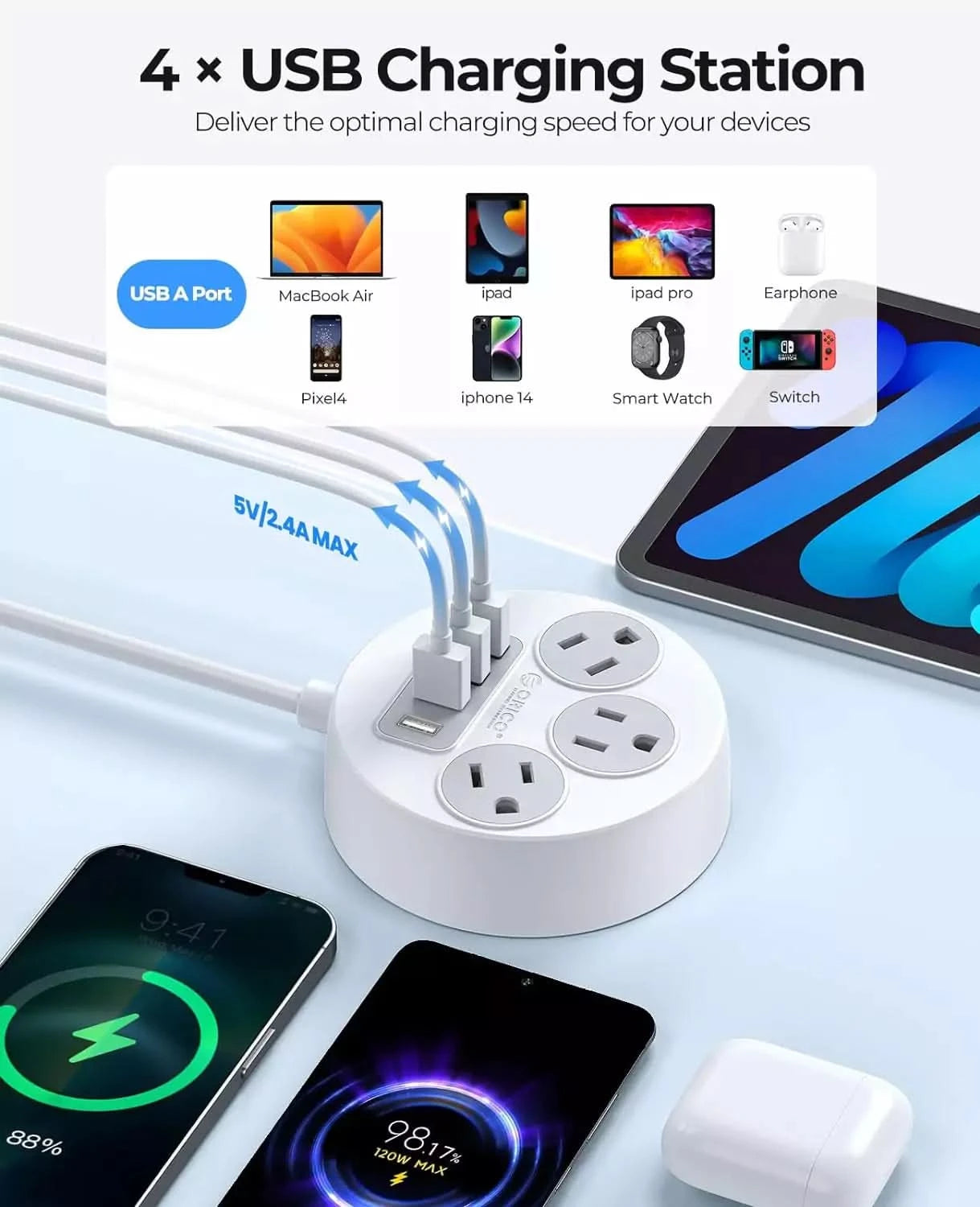 ORICO 7 in 1 Flat Plug Travel Power Strip with USB Ports - Orico