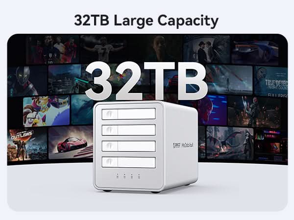 4-bay NVMe SSD enclosure supporting up to 32TB total capacity with four 8TB M.2 SSD drives