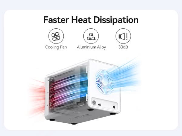 NVMe SSD enclosure with aluminum body and built-in cooling fan for faster heat dissipation