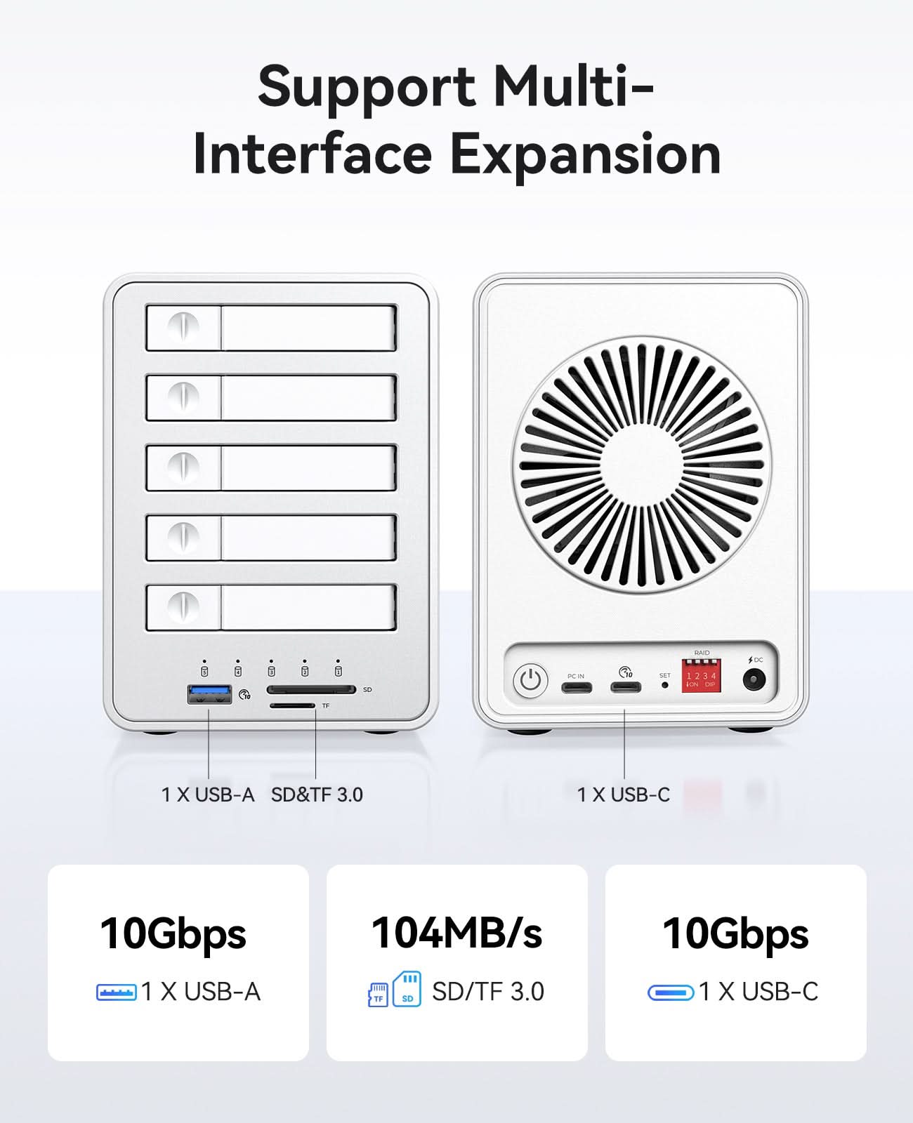 ORICO desktop DAS storage enclosure with USB-C, USB-A and SD TF 3.0 interfaces supporting up to 10Gbps data transfer
