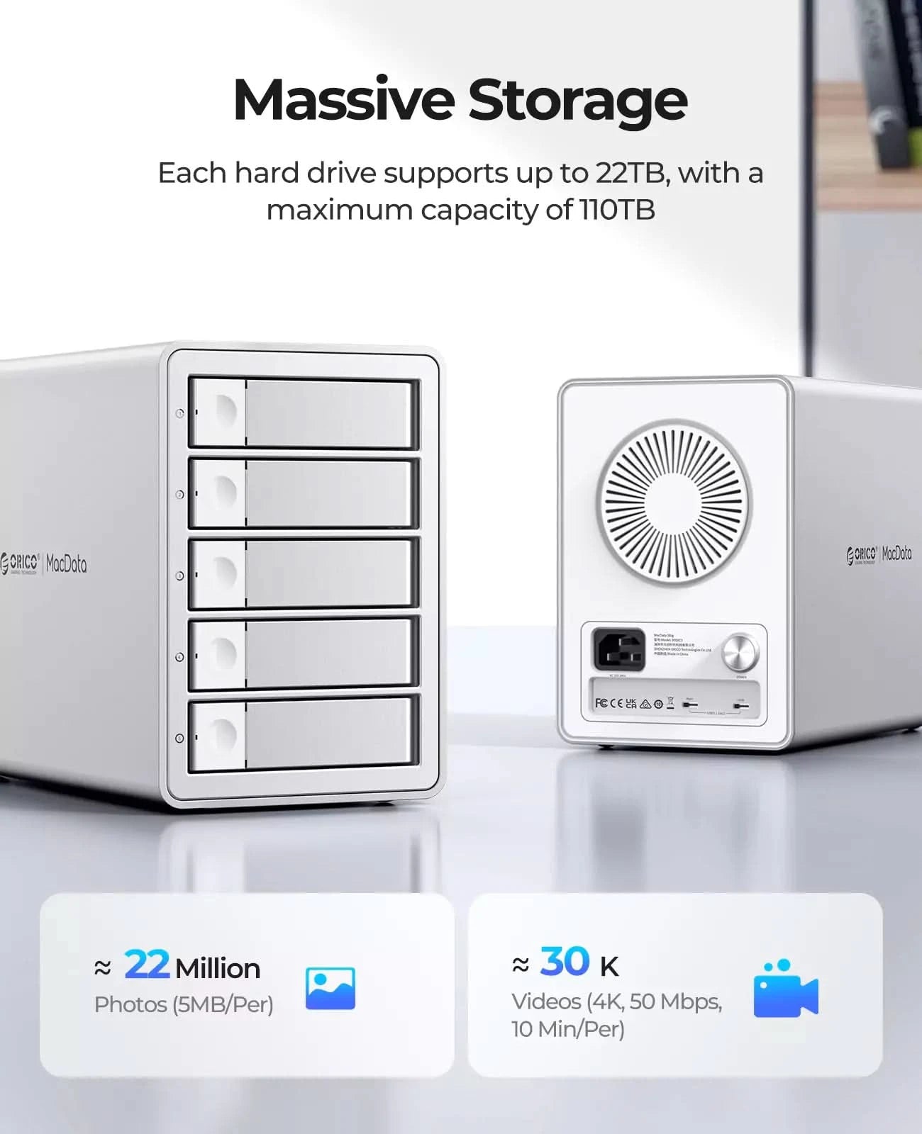ORICO 5-bay desktop DAS storage enclosure supporting up to 110TB capacity for large photo, video and file storage