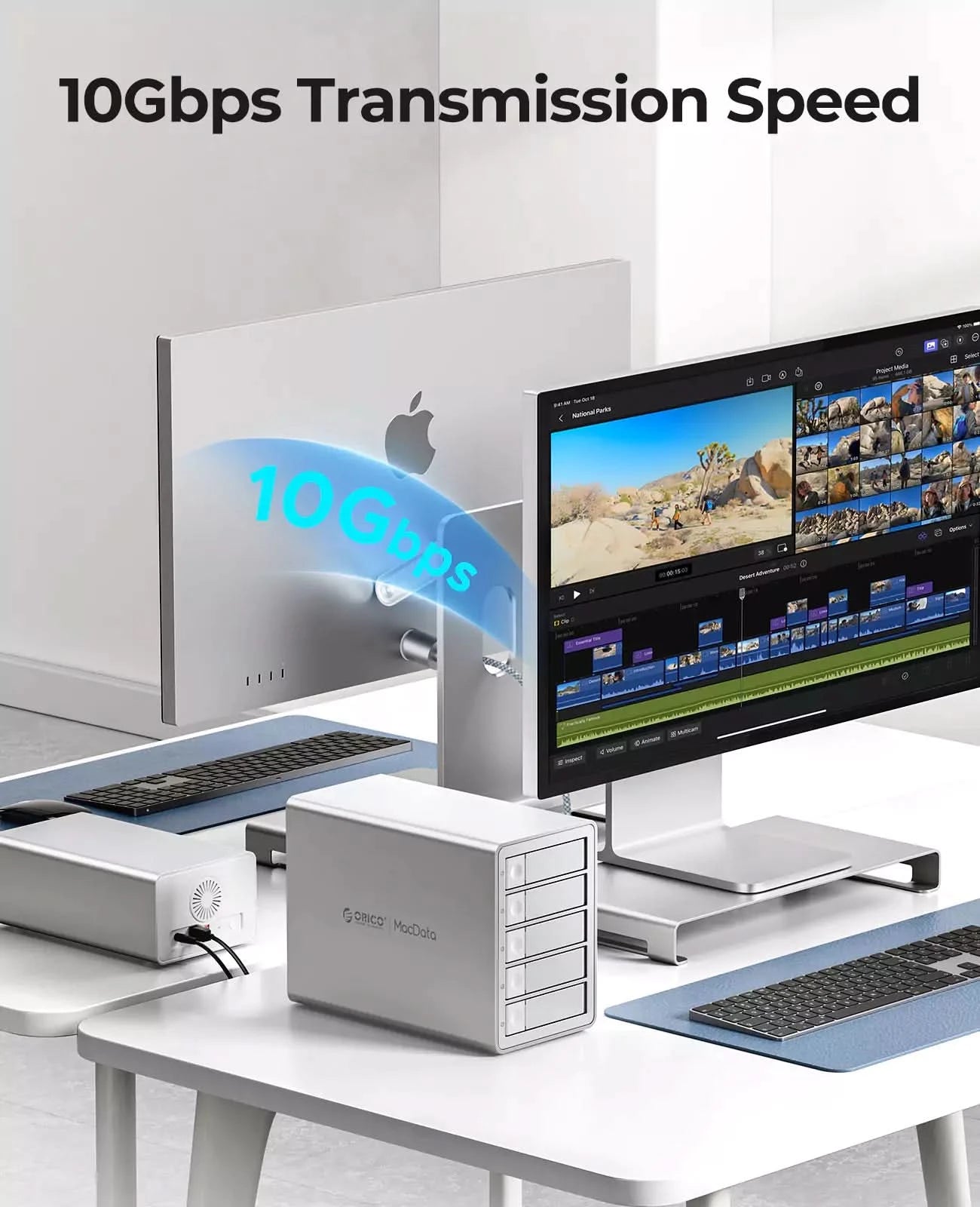 ORICO 5-bay desktop storage enclosure with 10Gbps USB high-speed transmission for video editing and large file transfer