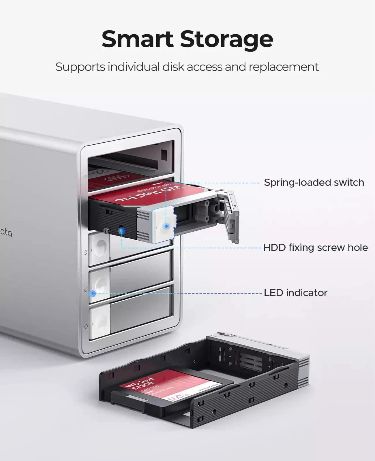 ORICO multi-bay hard drive enclosure with hot-swappable trays, LED indicators and individual disk access design