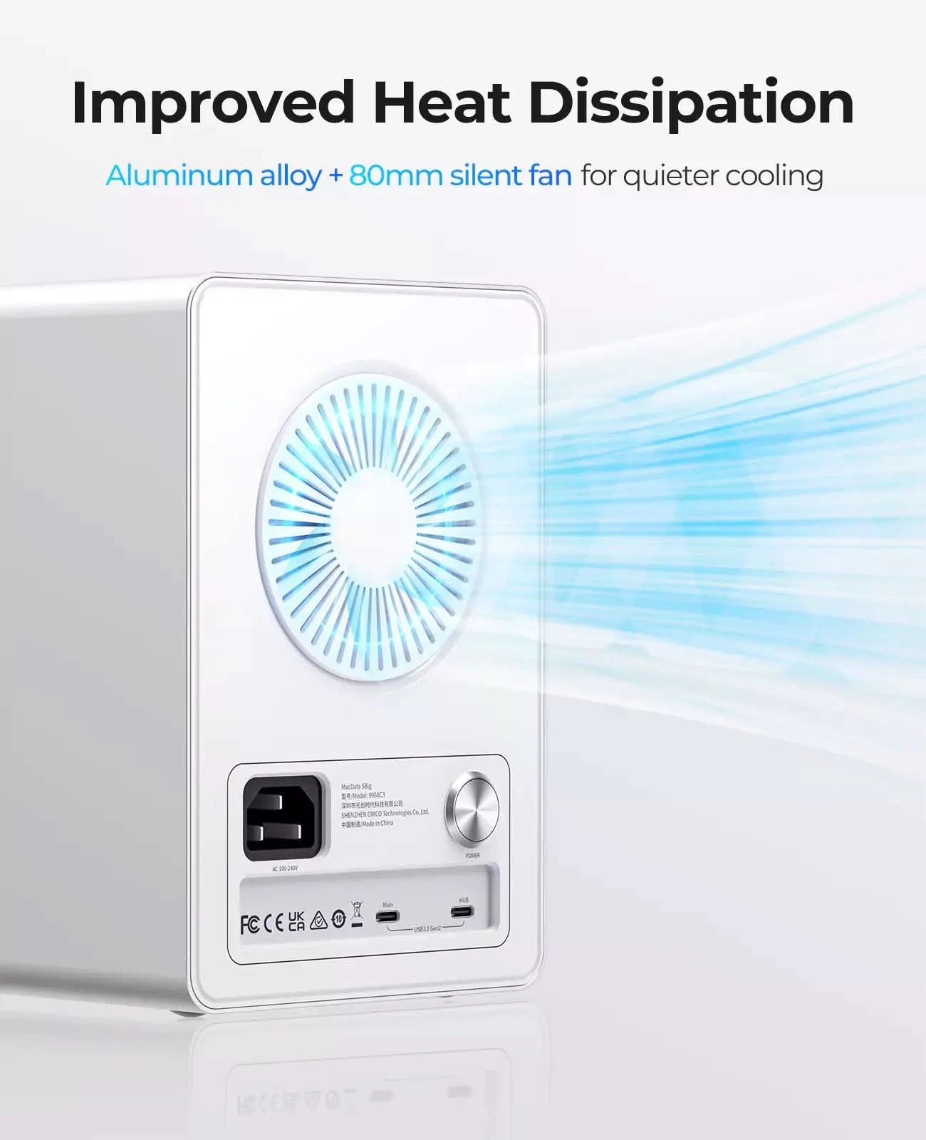ORICO aluminum alloy storage enclosure with 80mm silent cooling fan for efficient heat dissipation and quiet operation