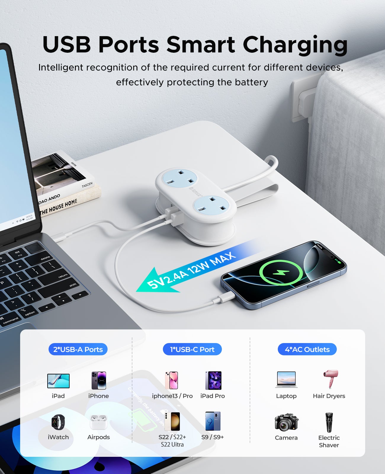 ORICO Ultra Thin Smart USB Power Strip UK Plug