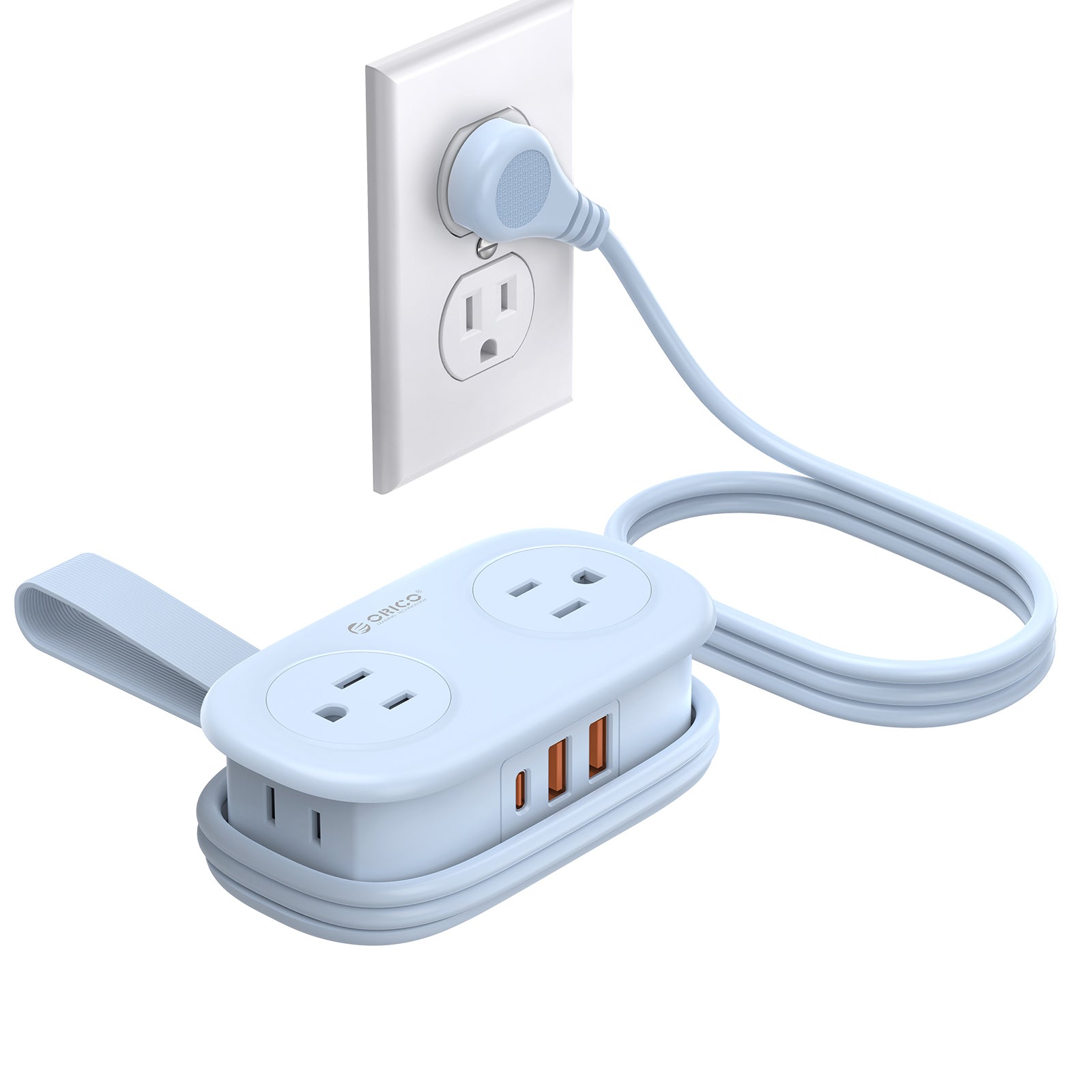 ORICO blue pocket travel power strip with 4 AC outlets, 2 USB-A ports and 20W USB-C fast charging, featuring a flat plug and wrap-around cord design.