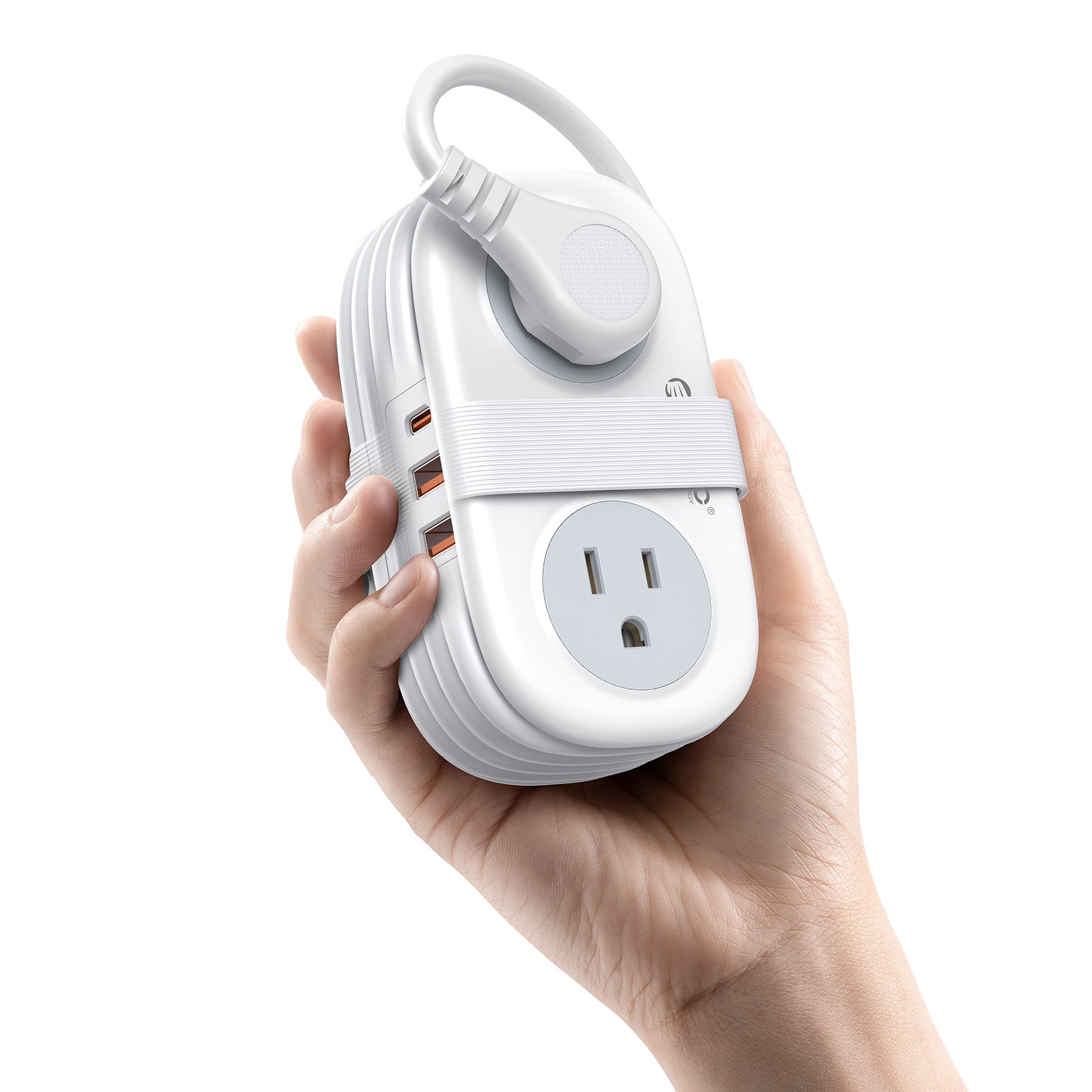 Compact ORICO travel power strip held in hand, showing its pocket-size design and wrapped cable for easy storage during travel.