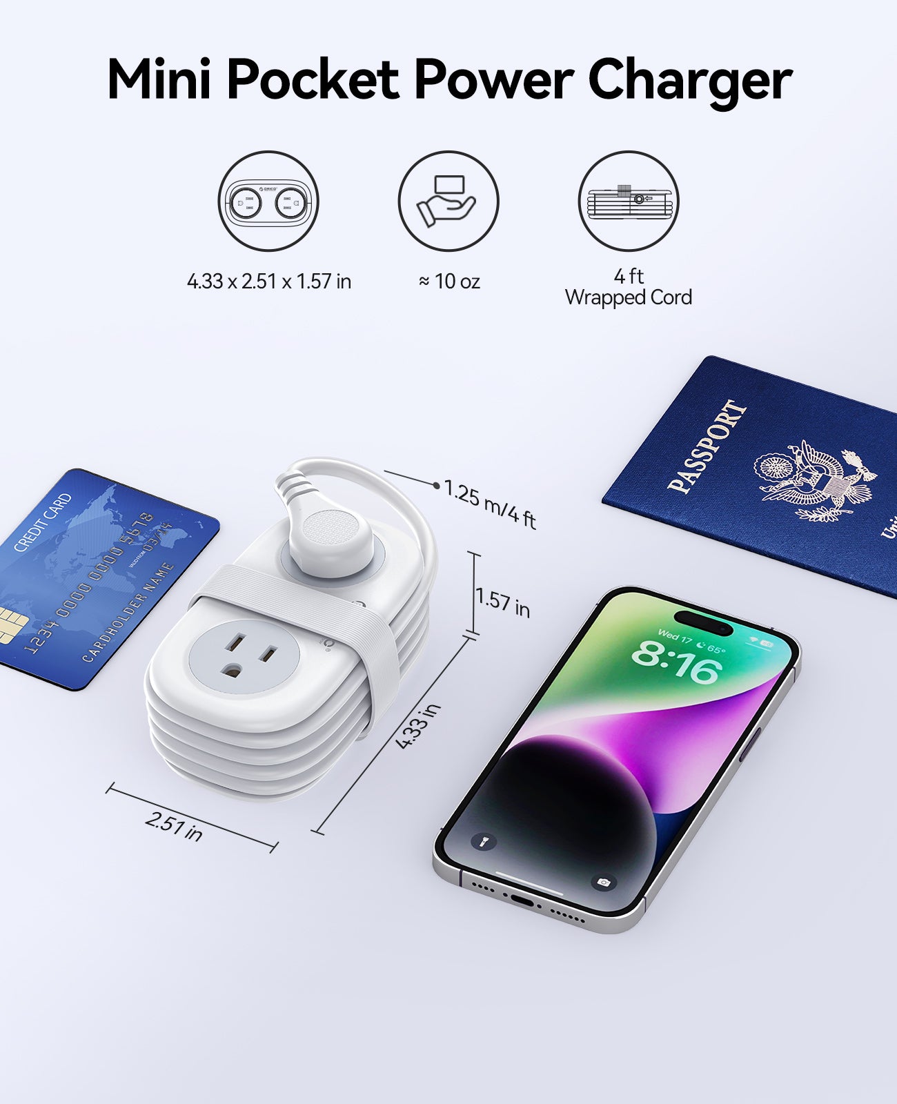 Mini pocket power strip with compact size and 4ft wrapped cord, designed for portable charging during travel.