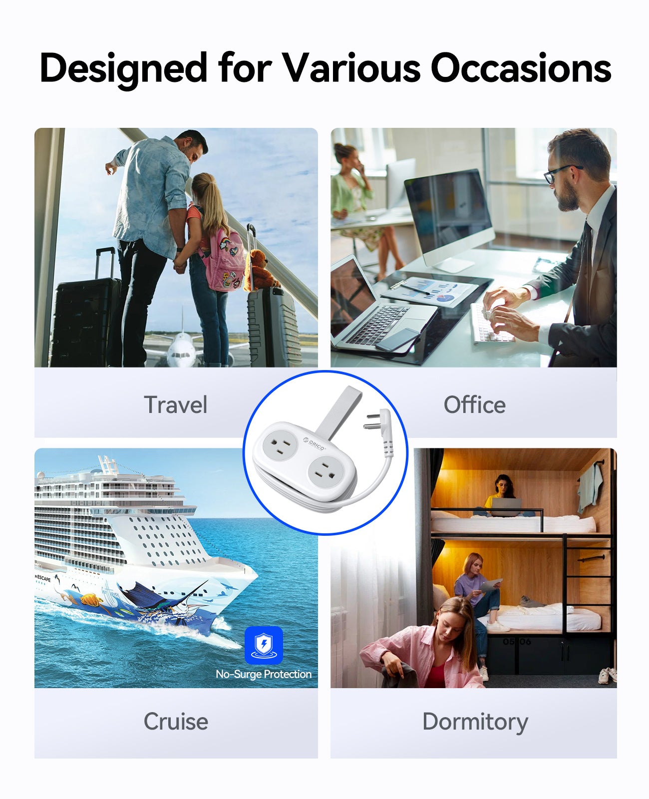 ORICO portable power strip suitable for travel, office, cruise ships and dorm rooms with multi-device charging support.
中文