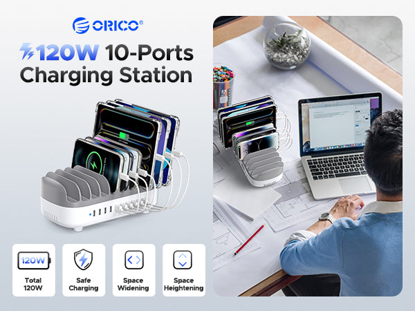 ORICO DUK-10P-V1 120W 10-Port USB Charging Station with Deepened Bracket for Office Desktop Organization.