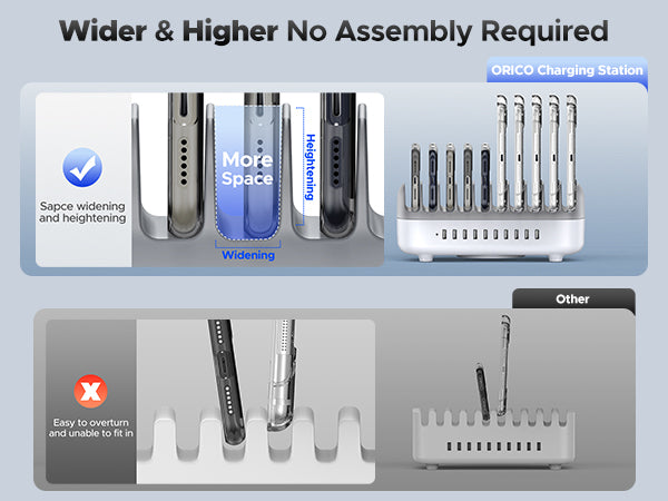 ORICO Charging Station Deepened Bracket Design - Wider and Higher Slots vs Standard Charging Stations.