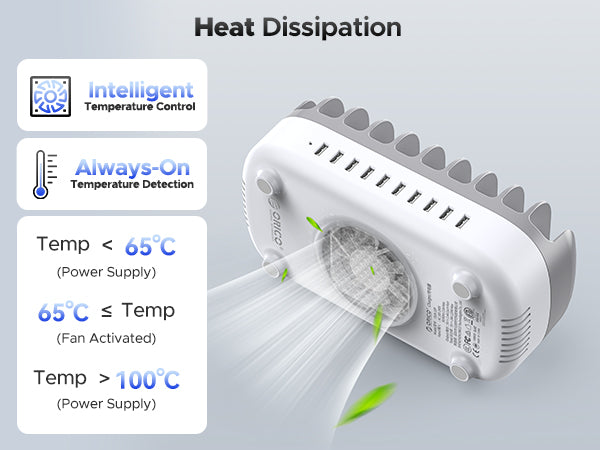 Intelligent Temperature Control with Built-in Cooling Fan - Auto Activation at 65°C, Auto Cutoff at 100°C.