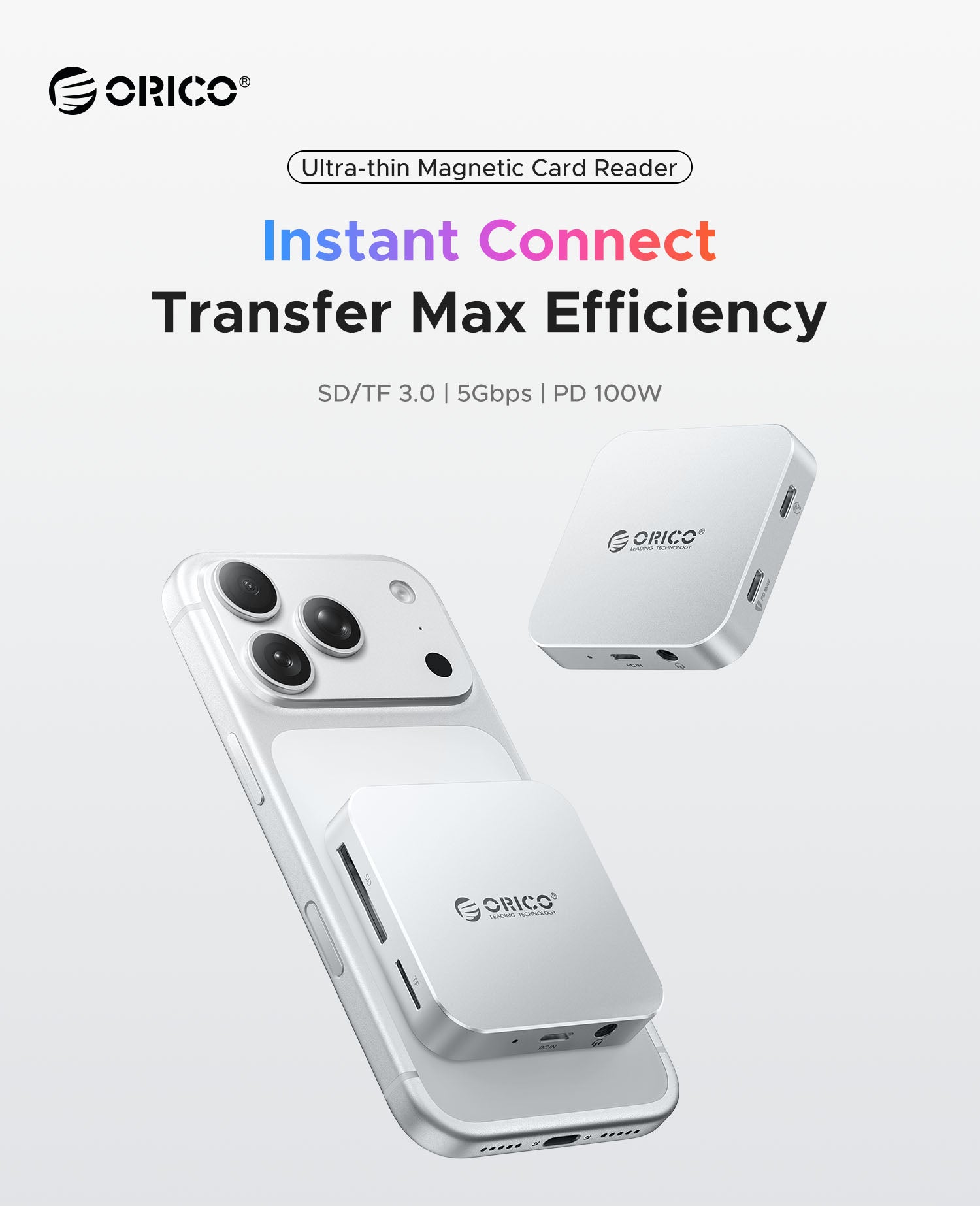 ORICO Air5C ultra thin magnetic card reader attached to iPhone supporting SD TF card transfer USB-C 5Gbps and 100W PD charging