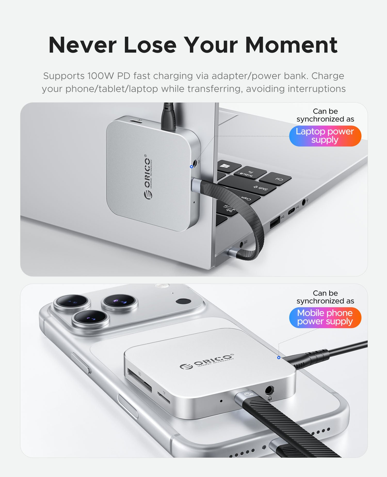 ORICO Air5C USB-C card reader with 100W power delivery allowing phone or laptop charging while transferring files