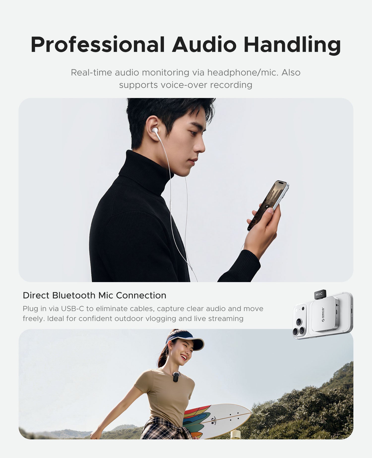 ORICO Air5C USB-C card reader with 3.5mm audio jack supporting headphone monitoring microphone input and mobile recording