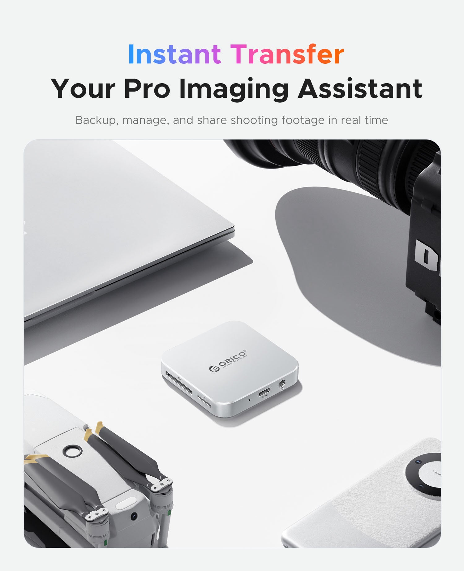 ORICO Air5C magnetic SD TF card reader used with camera laptop and drone for fast photo and video file transfer