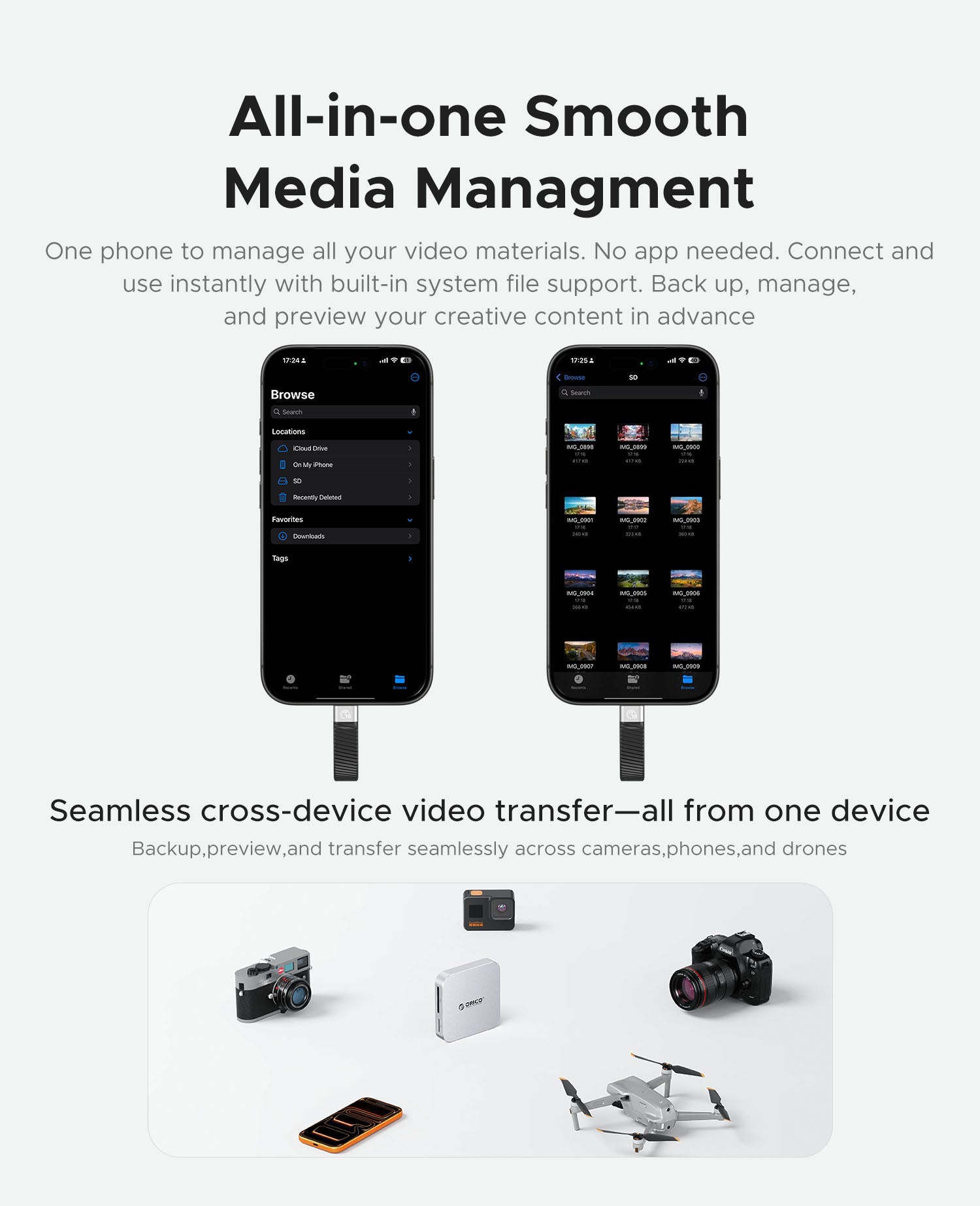 ORICO Air5C card reader enabling seamless video and photo transfer between camera drone and smartphone
