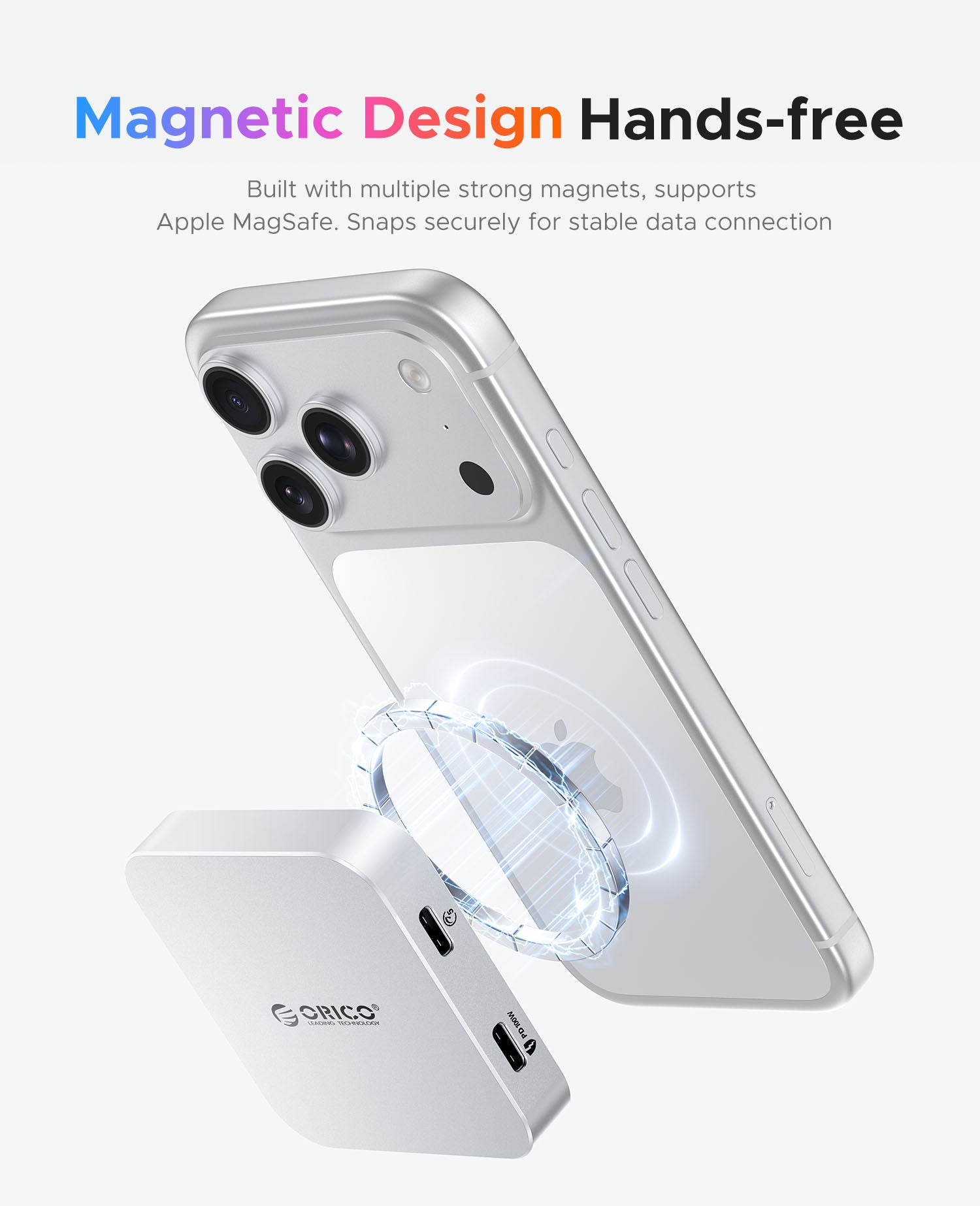 ORICO Air5C magnetic card reader securely attaches to iPhone with strong MagSafe compatible magnets for hands free data transfer