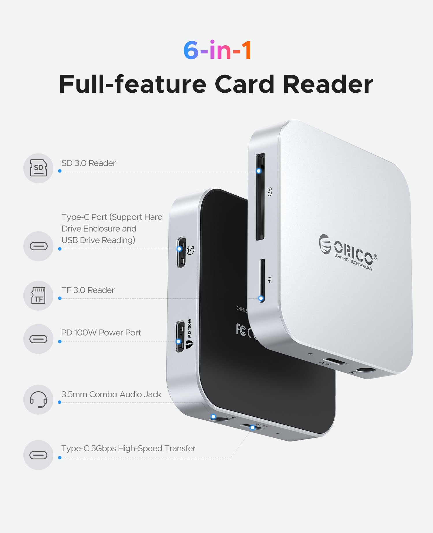 ORICO Air5C 6 in 1 USB-C card reader hub with SD TF slots 5Gbps USB-C port 100W PD charging and 3.5mm audio jack