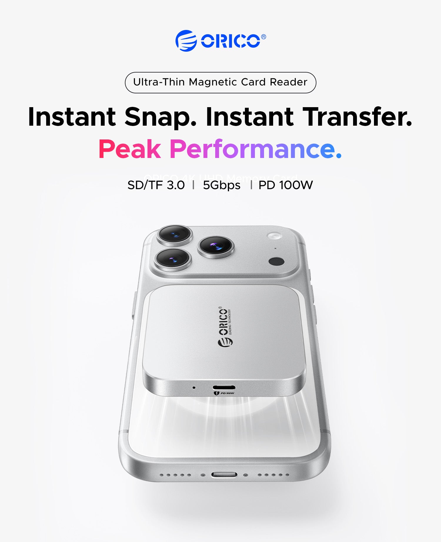 ORICO Air5 magnetic USB-C SD TF card reader attached to iPhone for instant file transfer