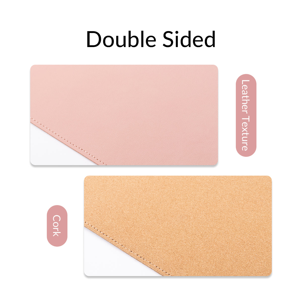 Split display of double-sided mouse pad: top side smooth pink PU leather texture, bottom side natural grain cork material, neat edge stitching, vertical text labels "Leather Texture" and "Cork", title "Double Sided"