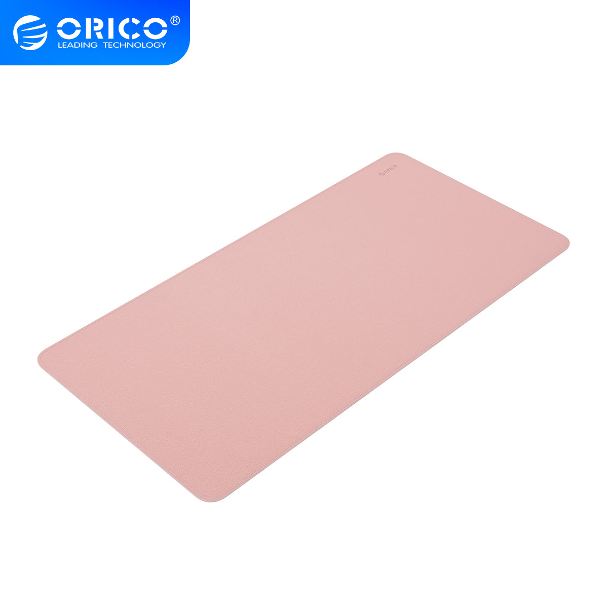 ORICO pink double-sided cork PU leather large desk mat, smooth matte pink leather surface with subtle embossed brand logo at the top edge, fine stitched edge trim, official ORICO blue logo banner in top left, pure white background