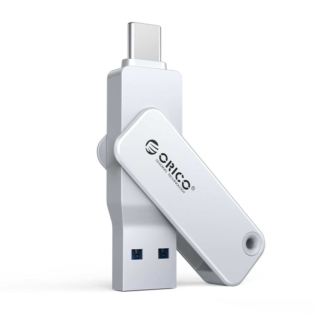 ORICO white dual interface USB flash drive with USB-C and USB-A connectors, swivel design portable thumb drive for phones, tablets and laptops.