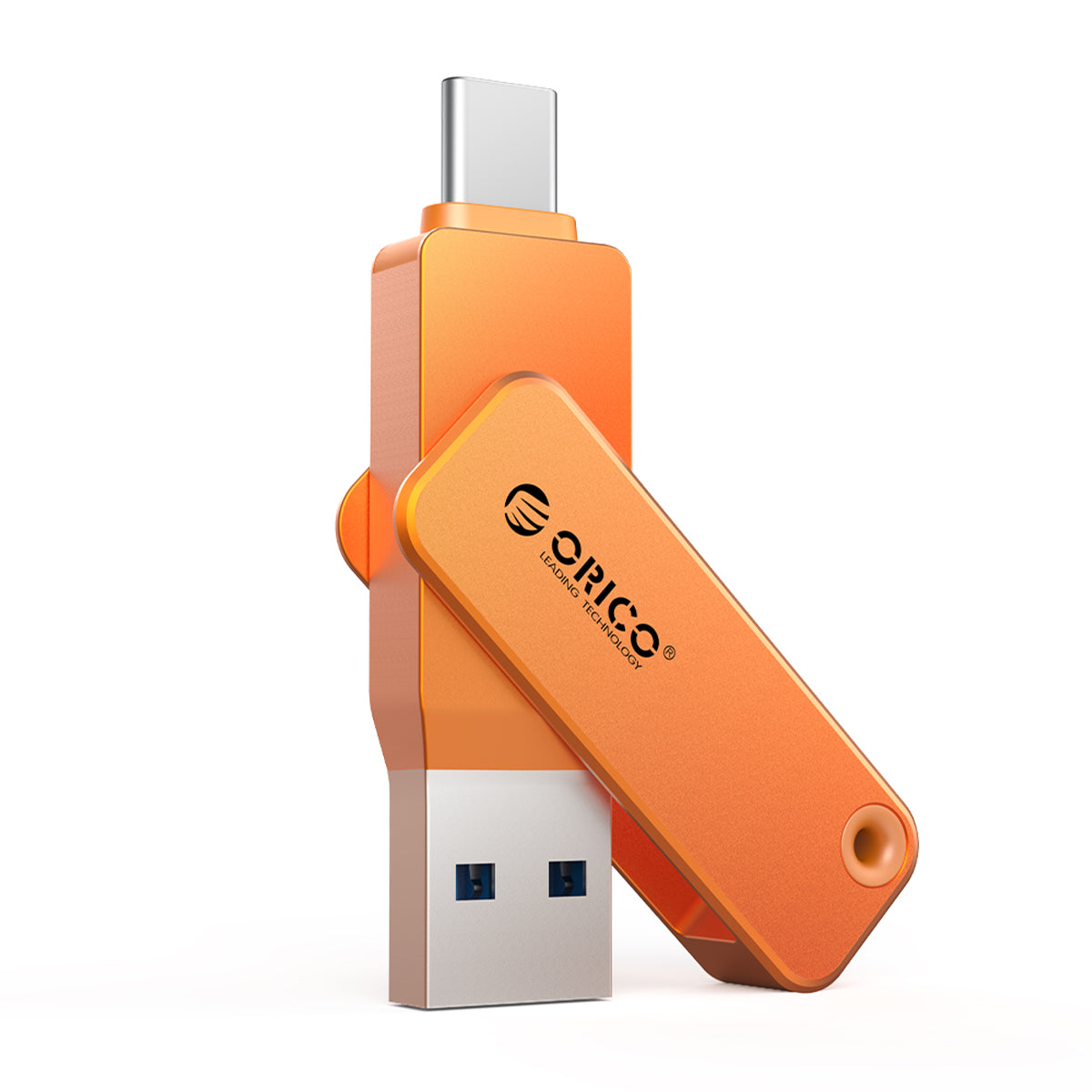 ORICO orange dual interface USB flash drive with USB-C and USB-A connectors, swivel design portable thumb drive for phones, tablets and laptops.