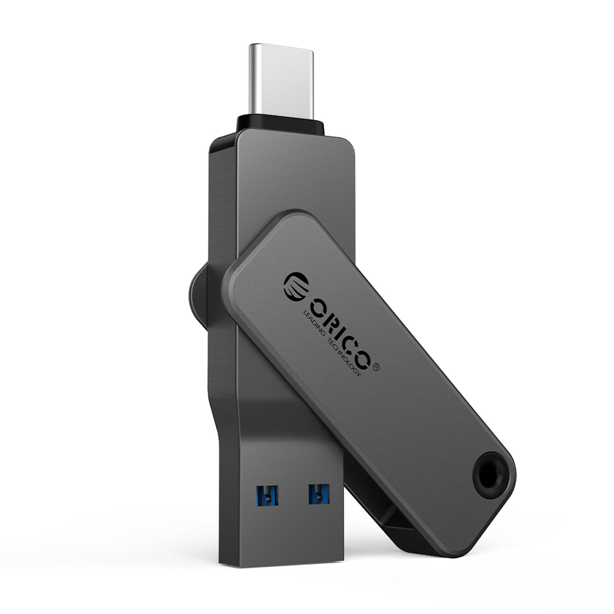 ORICO grey dual interface USB flash drive with USB-C and USB-A connectors, swivel design portable thumb drive for phones, tablets and laptops.