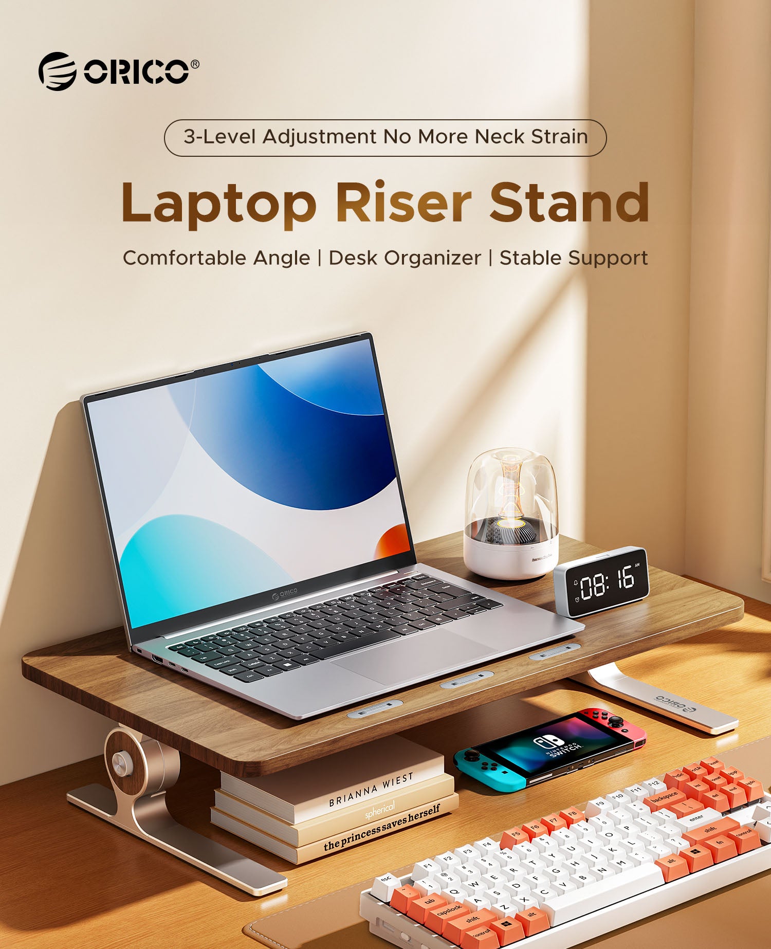 ergonomic laptop riser stand on desk setup with keyboard clock and accessories