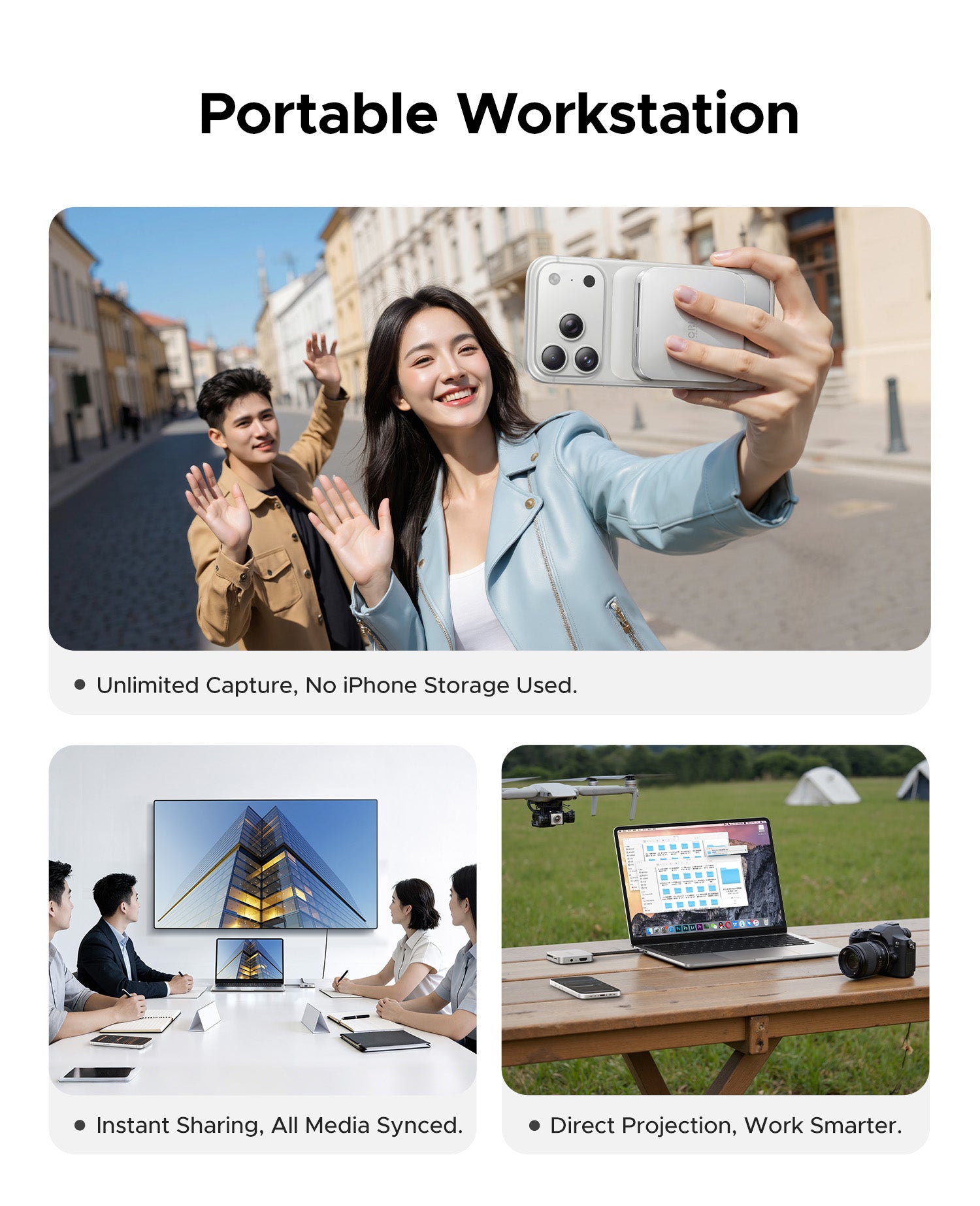 ORICO iPhone hub creating a portable workstation for recording, media sharing, and screen projection.