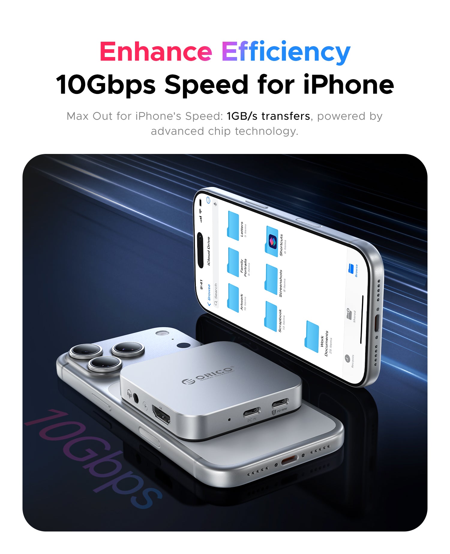 ORICO 8-in-1 iPhone hub with 10Gbps high-speed data transfer for fast file access and mobile productivity.