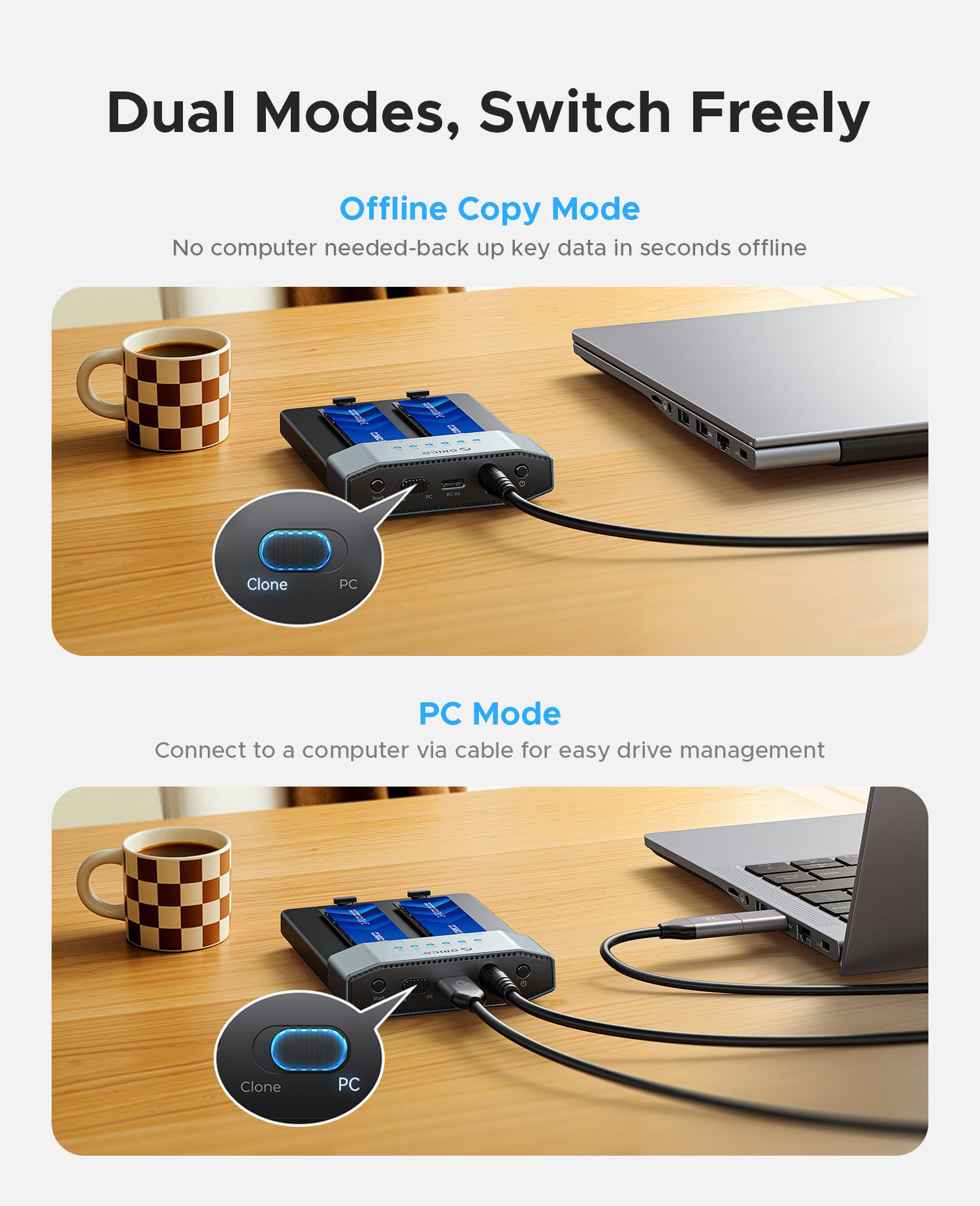 Dual modes demonstration showing Offline Copy Mode for standalone cloning without computer and PC Mode for connected drive management via USB cable.