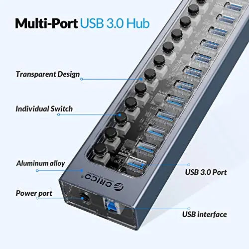 ORICO Transparent USB 3.0 Individual Power Switches 13 Ports Hub ORICO