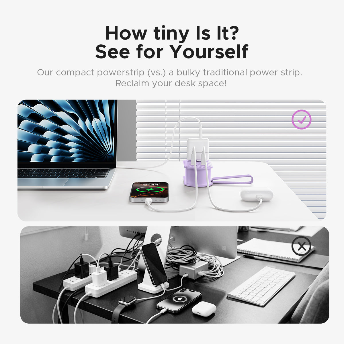 ORICO Compact Portable Power Strip vs Bulky Traditional Power Strip, Space-Saving Desk Charging Station, Tiny Size with 7-in-1 Power