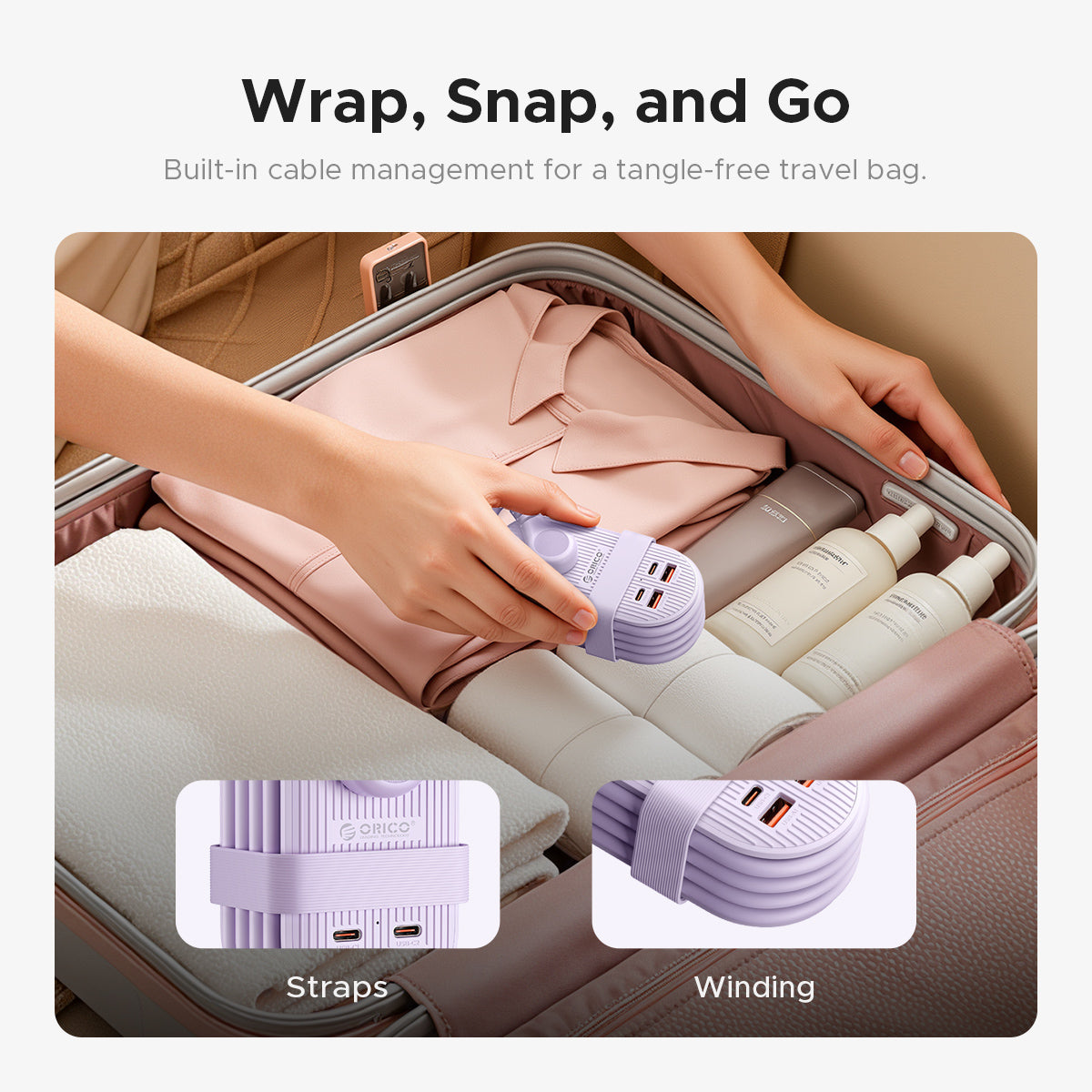 ORICO Retractable Portable Power Strip with Built-in Cable Management, Wrap & Snap for Tangle-Free Travel, Compact Power Strip for Luggage