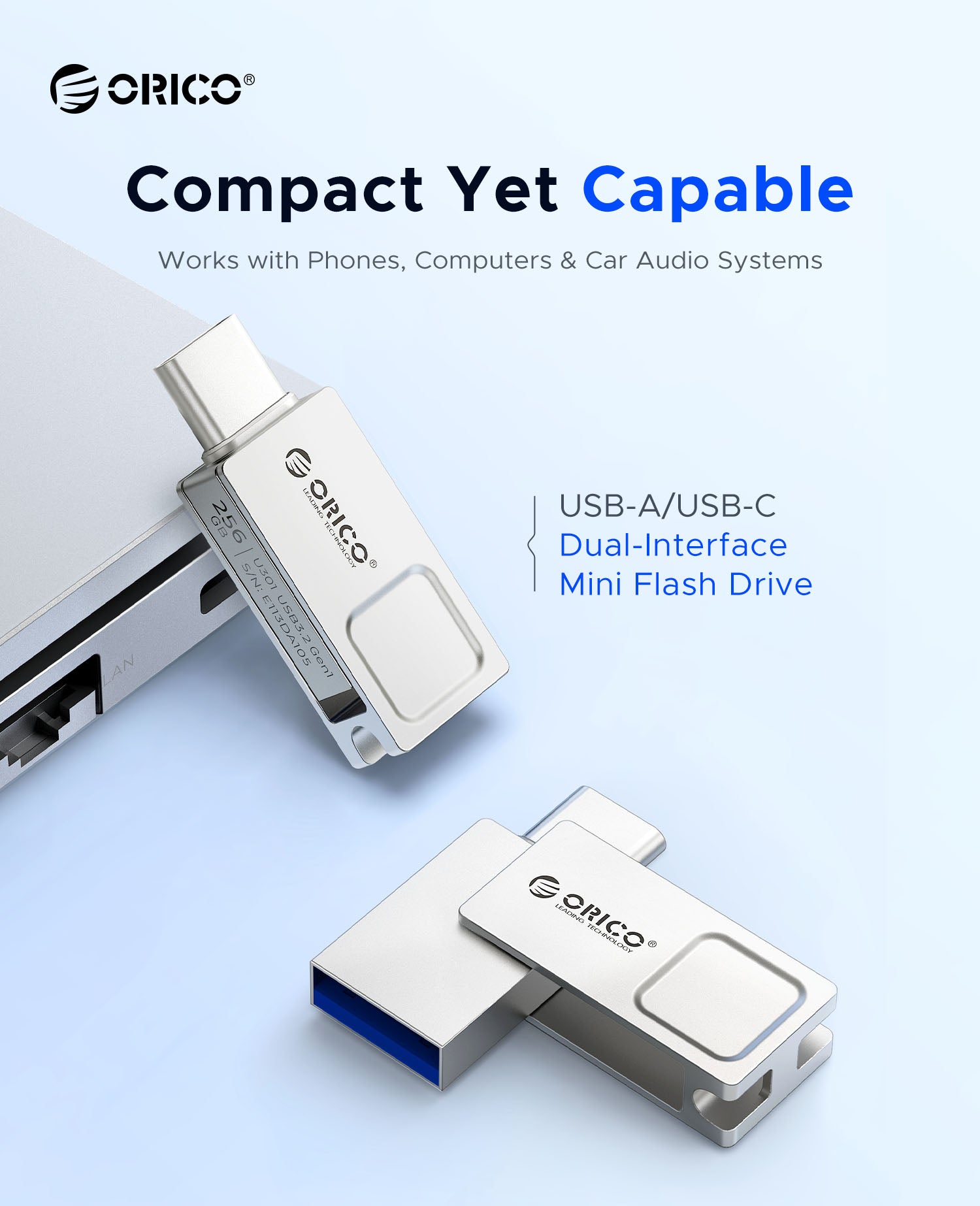 ORICO U301 Compact USB-A/USB-C Dual Interface Mini Flash Drive, Works with Phones/Computers/Car Audio