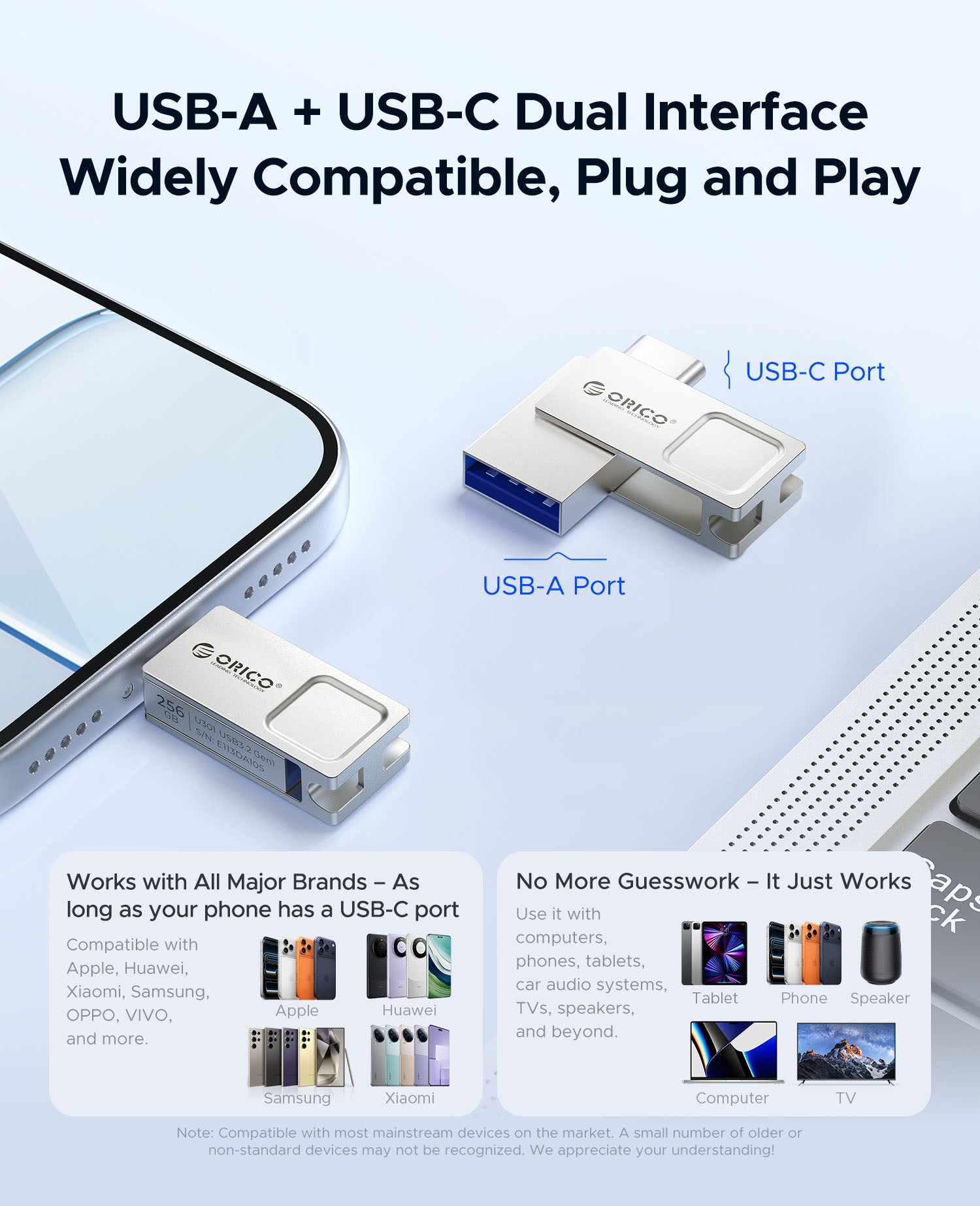 ORICO U301 USB-A + USB-C Dual Interface Flash Drive, Widely Compatible Plug and Play for Phone/PC/Car
