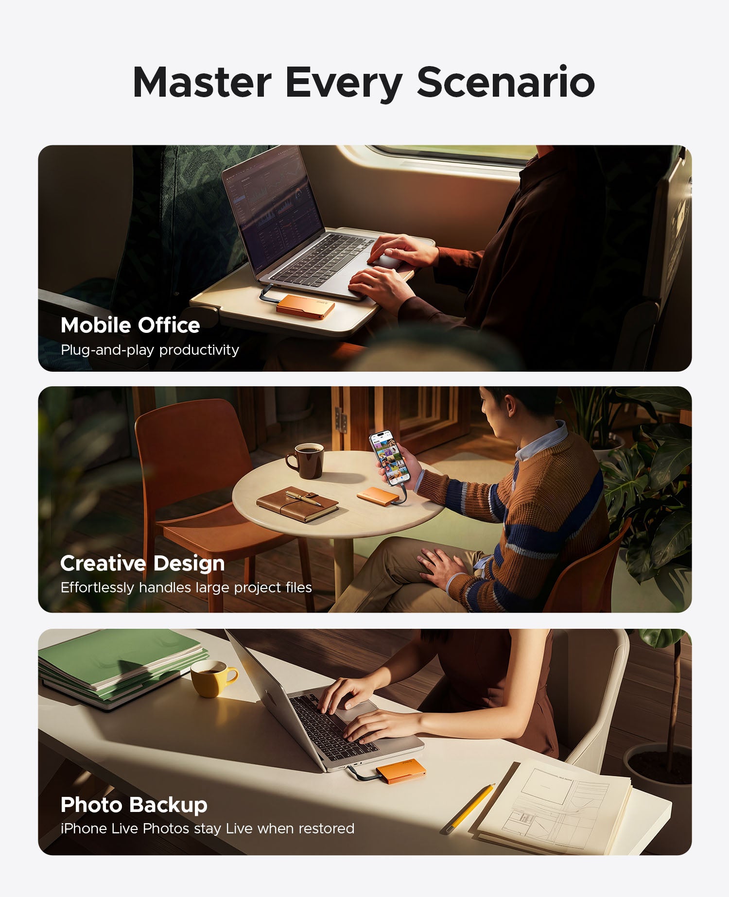 ORICO iFolder Go portable SSD used with laptop and smartphone for mobile office work, creative projects and photo backup.